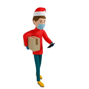 Kırmızı Noel tişörtü ve maskeli bir teslimatçı bir karton kutu ve akıllı telefon tutuyor. O arkadaş canlısı ve gülümsüyor. Lojistik konsept. Çevrimiçi dağıtım hizmeti kavramı. İzole edilmiş. 3d illüstrasyon.