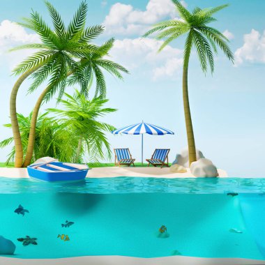 Palmiye ağaçları ve okyanusta bir teknesi olan tropik bir ada. Dinlenme, rahatlama kavramı. 3d illüstrasyon