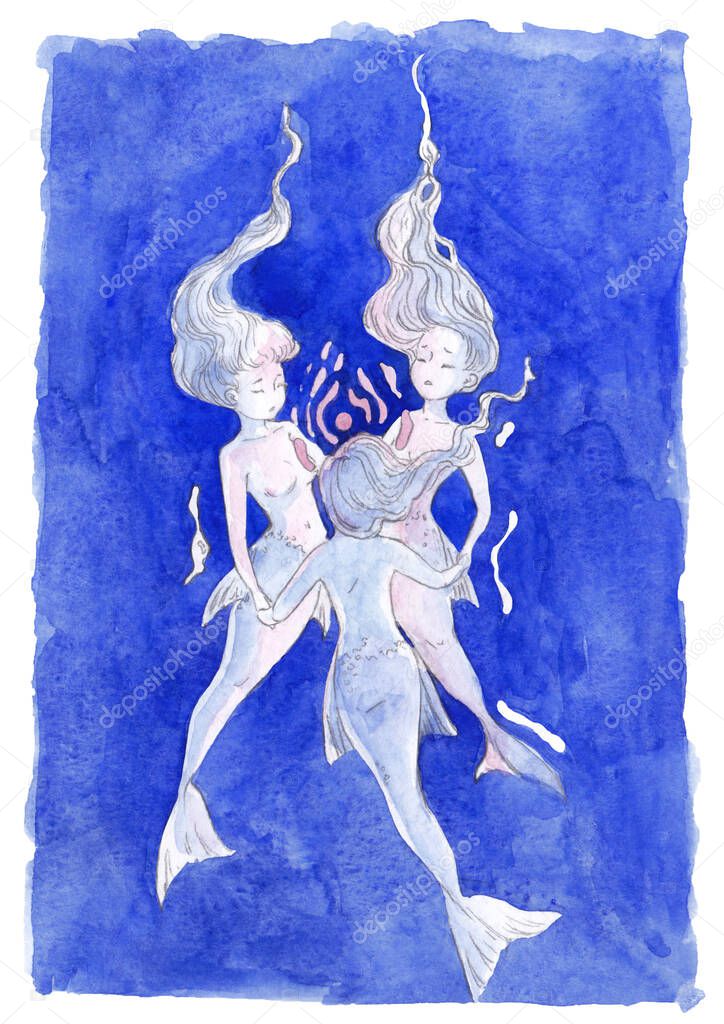 Illustration with three watercolor mermaids