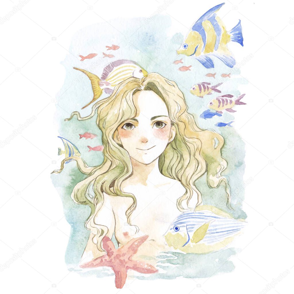 Watercolor illustration with mermaid and fishes