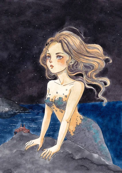 Akvarel ilustrace s mořskou pannou — Stock fotografie