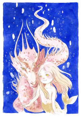 Tatlı bir denizkızı ve su ejderhası ile suluboya çizimi