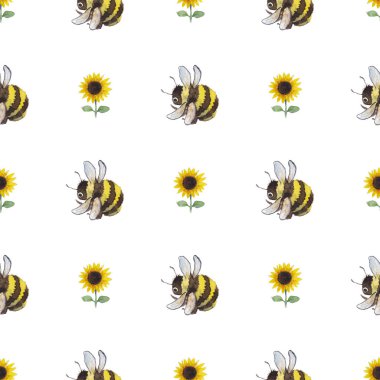 Yaban arısı ve ayçiçeğiyle suluboya desen