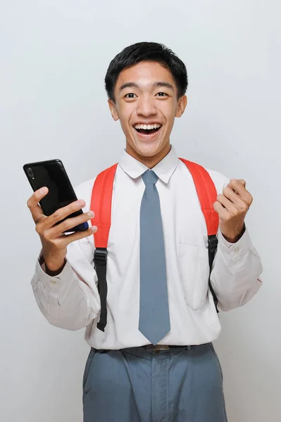 Senior High School Student Indonesia Holding Mobile Phone Shock Expression — Stock Photo, Image