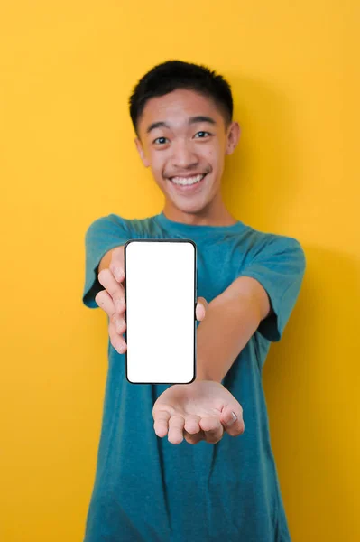 Feliz Excitado Joven Asiático Hombre Shock Mostrando Blanco Teléfono Pantalla —  Fotos de Stock