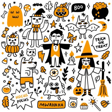 Happy Halloween Set of 9 Spooky cartoon characters (Witch, ghosts, cat wizard, bat, zombie werewolf, funny vampires, scary pumpkin), 4 inscriptions and 30 different halloween attributes. vector Happy Halloween Set of 9 Spooky cartoon characters (Witch, ghosts, cat wizard, bat, zombie werewolf, funny vampires, scary pumpkin), 4 inscriptions and 30 different halloween attributes. vector