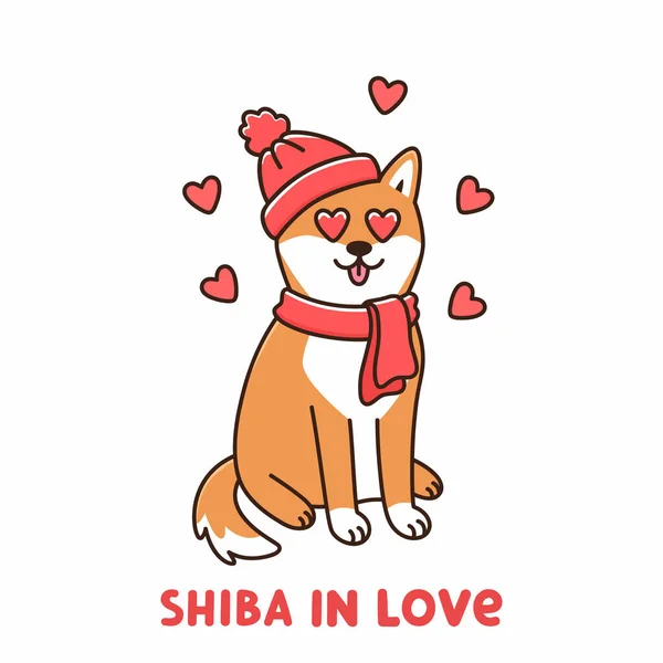 Милий Пес Японської Породи Shiba Inu Червоному Капелюсі Шарфі Закоханий — стоковий вектор