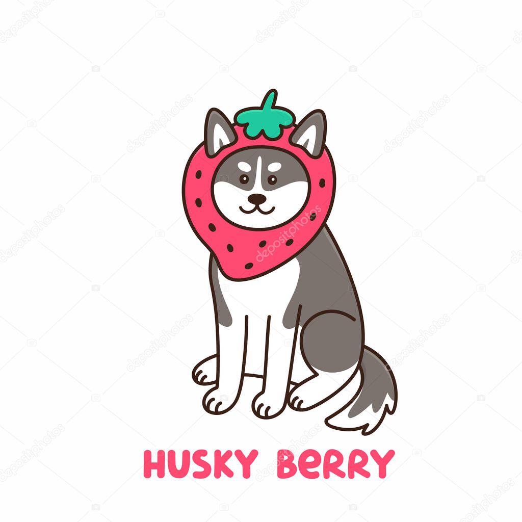 Cute kawaii dog of breed Siberian Husky in funny costume strawberry, isolated on white background. It can be used for sticker, patch, phone case, poster, t-shirt, mug and other design.