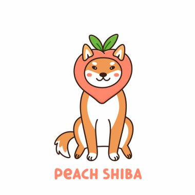 Japon cins Shiba Inu 'nun sevimli kawaii köpeği komik kostümlü meyve şeftalisi. Çizgi film vektör çizimi. Etiket, yama, telefon kılıfı, poster, tişört, kupa ve diğer tasarım için kullanılabilir..