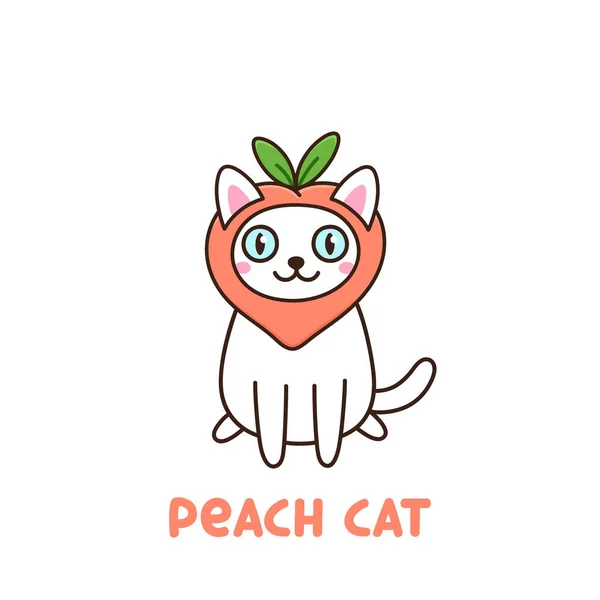 可爱的白色猫在滑稽的服装水果桃 Kawaii卡通矢量图解 可用于贴纸 电话箱 T恤衫 杯子等设计 — 图库矢量图片