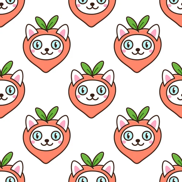 Seamless Pattern Cute Kawaii Cat Funny Costume Fruit Peach Beautiful — Stock Vector