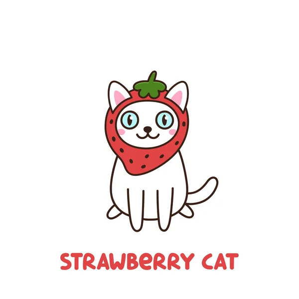 可爱的白色猫在滑稽的服装草莓 隔离在白色的背景 可用于贴纸 电话箱 T恤衫 杯子等设计 — 图库矢量图片