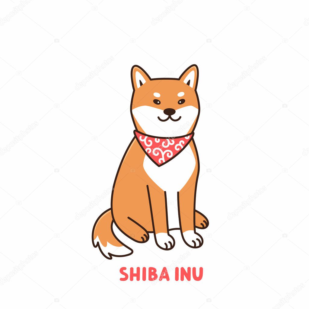 Cute dog of Shiba inu breed in red bandana with white pattern. Cartoon vector illustration. It can be used for sticker, patch, phone case, poster, t-shirt, mug etc.
