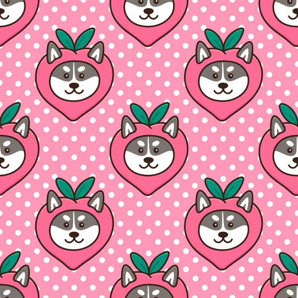 Seamless Pattern Cute Kawaii Dog Siberian Husky Funny Costume Fruit — Stock Vector
