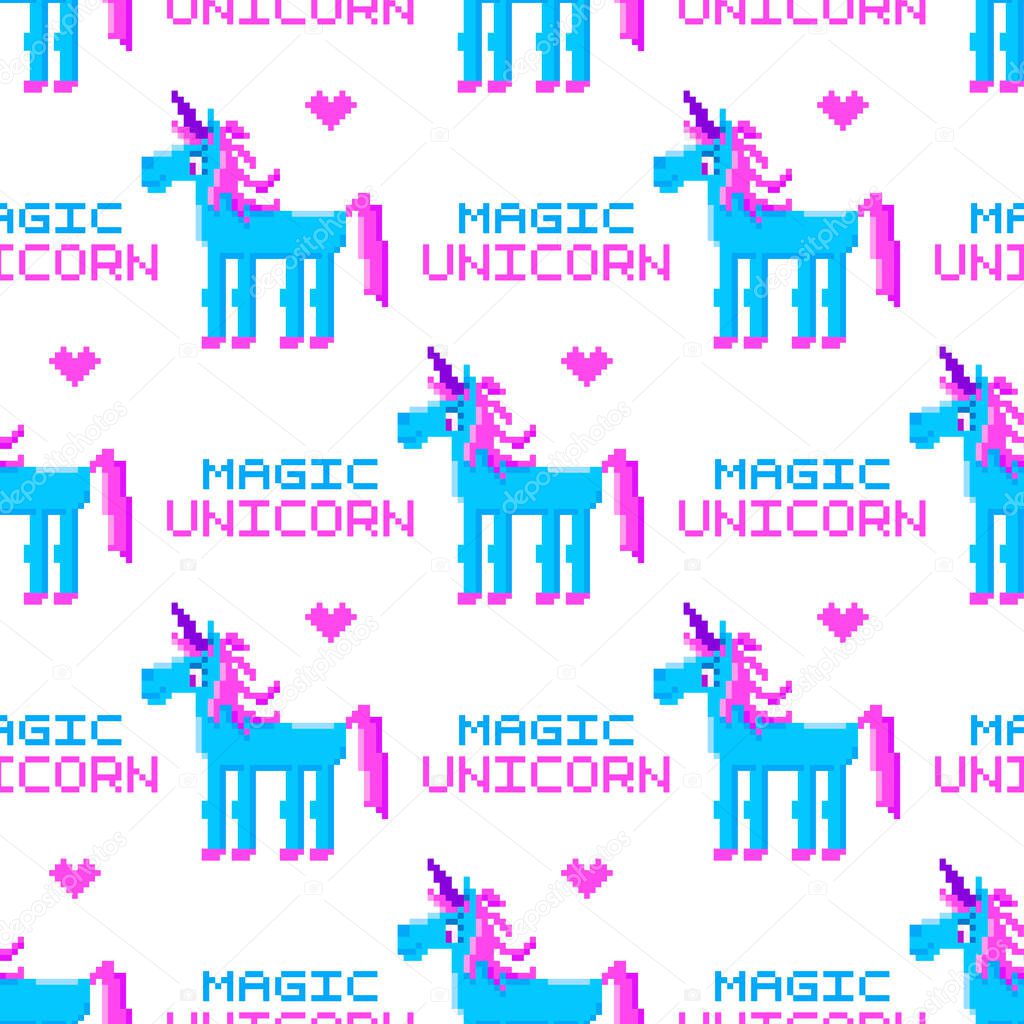 Seamless pattern with Magic Unicorn, in the eight bit style, on a white background. Beautiful print for packaging, wrapping paper, textile, home decor etc.