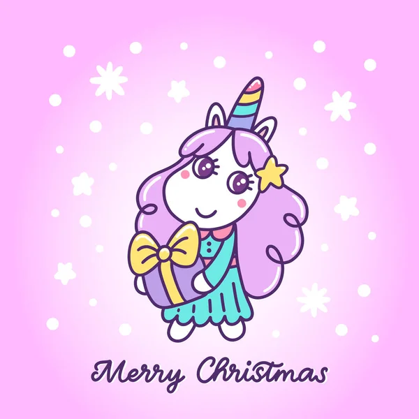Cute Unicorn New Year Gift Purple Background Snowflakes Text Merry — Stock Vector