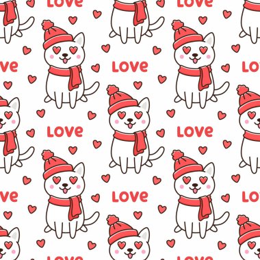 Kusursuz desenli, kırmızı şapkalı, eşarplı sevimli kedili, gözlerinde kalplerle aşık. Paketleme, ambalaj kağıdı, tekstil, ev dekorasyonu vs. için güzel bir baskı. Sevgililer Günün kutlu olsun..