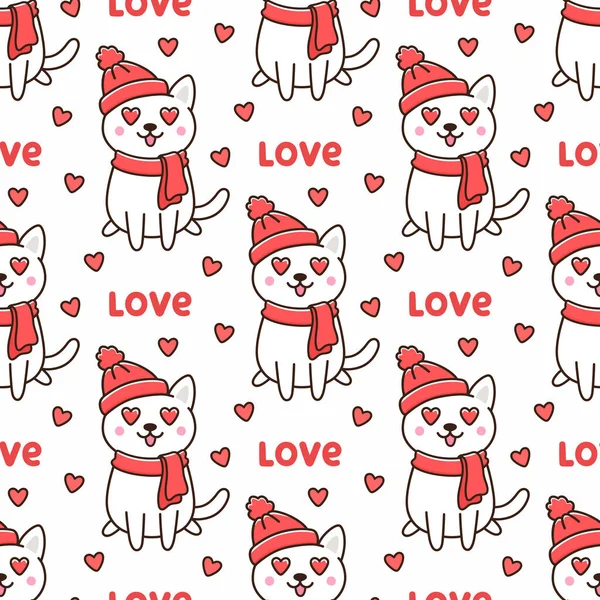 Bezproblémový Vzor Roztomilou Kočkou Červeném Klobouku Šále Lásce Srdcem Očích — Stockový vektor
