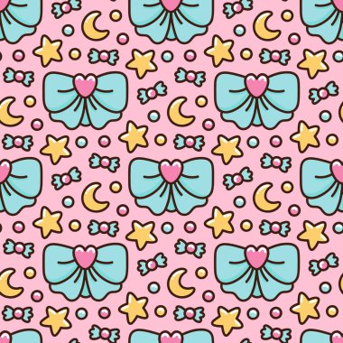 Seamless pattern with cute bow, heart, candy, stars, moon. It can be used for packaging, wrapping paper, textile and etc.