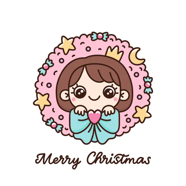 Christmas Pink Wreath Decorated Stars Moon Bow Candy Cute Cartoon — Vettoriale Stock