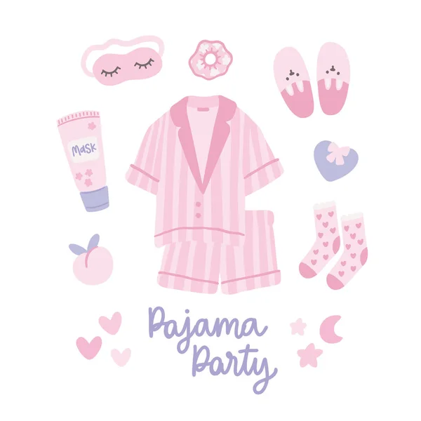 Set Von Dingen Für Pyjama Party Schöne Pyjamas Schlafmaske Hausschuhe — Stockvektor