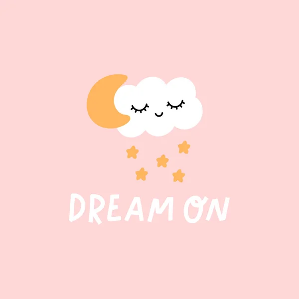 Cartaz Berçário Com Nuvem Bonito Lua Estrelas Lettering Phrase Dream — Vetor de Stock