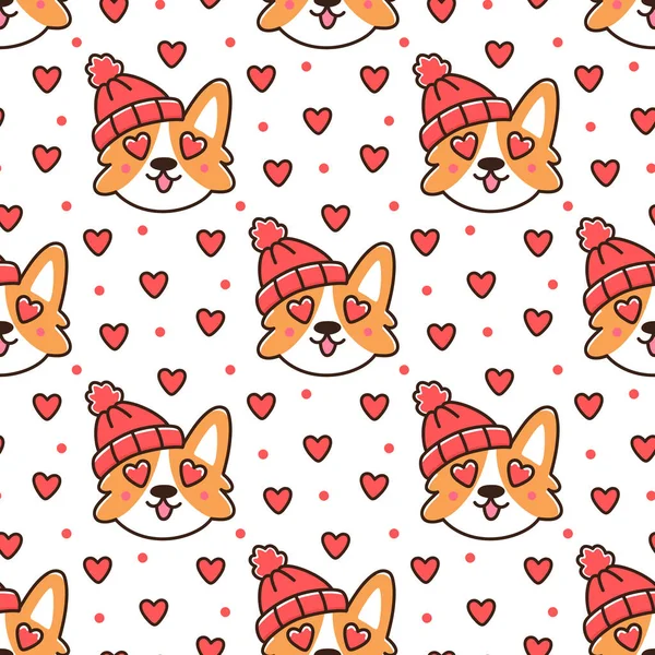 Kırmızı Örgü Şapkalı Corgi Köpeği Ile Kusursuz Desenli Sevgililer Günü — Stok Vektör