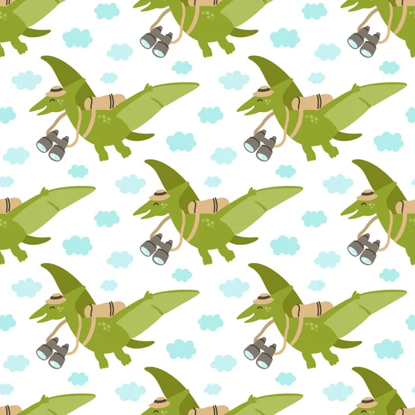 Seamless Pattern Funny Dinosaur Pterodactyl Beautiful Print Home Decor Textile — Stock Vector