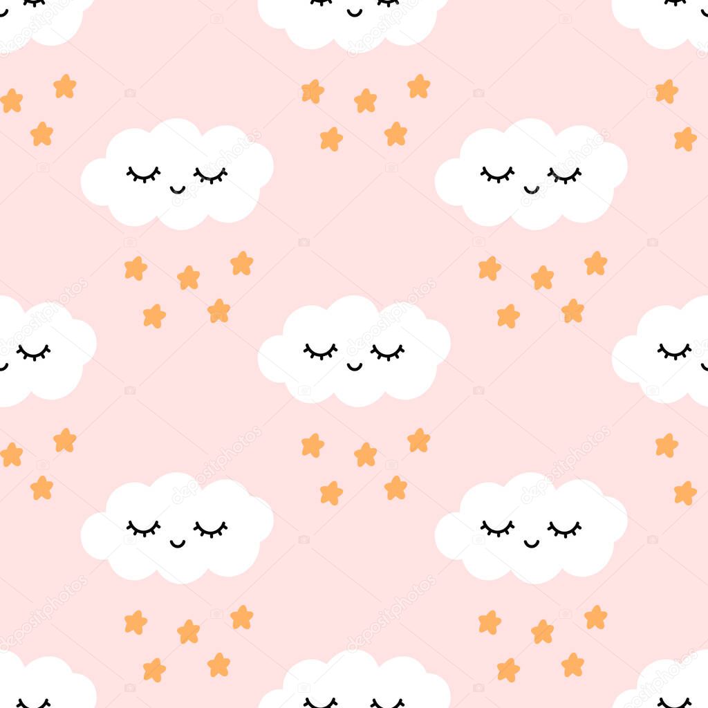 Cute seamless pattern with character cloud and stars. Beautiful print for home decor, textile, packaging, wrapping paper etc. Vector illustration for children in Scandinavian style.
