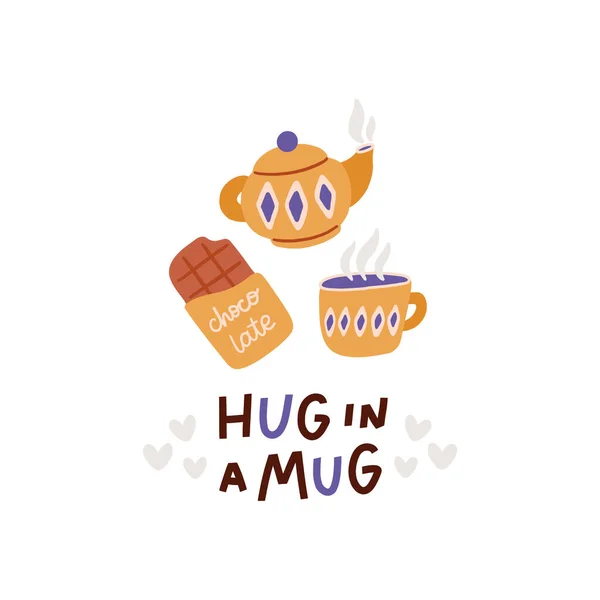 Cozy Composition Ceramic Teapot Mug Chocolate Inscription Hug Mug Flat — Stock Vector