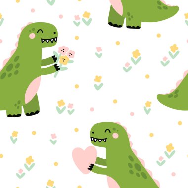 Şirin dinozorlu kusursuz desen ya da çiçekli ve kalbi olan Tyrannosaurus. Ev dekorasyonu, tekstil, ambalaj, ambalaj kağıdı vs. için güzel bir baskı. İskandinav tarzında vektör illüstrasyonu.