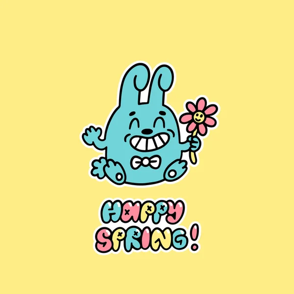 Drôle Personnage Dessin Animé Lapin Avec Fleur Inscription Happy Spring — Image vectorielle