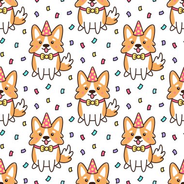 Şapka ve konfeti giymiş Galler Corgy 'nin dogumgünü köpegi. Paketleme, ambalaj kağıdı, dekor gibi şeylerde kullanılabilir. Çizgi film vektör illüstrasyonu.