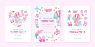 Örnek metin içeren renkli 3 dikey kart ya da arkaplan koleksiyonu. Pijama partisi davetiye şablonları. Çizgi film tarzında vektör illüstrasyonu.
