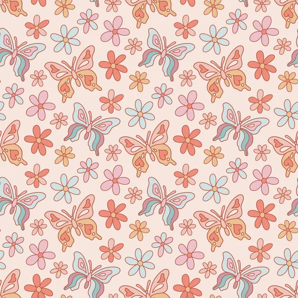 Retro Seamless Pattern Butterflies Flowers Daisies Warm Color Palette Can — Stock Vector