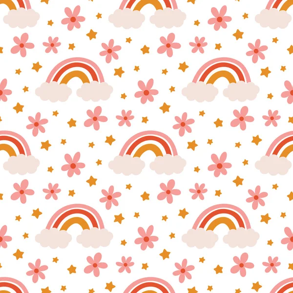 Seamless Pattern Rainbow Clouds Daisies Stars Retro Style Can Used — Stock Vector