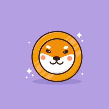 Para üstünde şirin Shiba inu köpek suratı. Dogecoin kripto para birimi simgesi. Dijital para birimi. Kawaii çizgi film karakteri. Mor arkaplanda izole edilmiş vektör resmi.