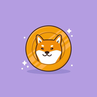 Şirin Shiba inu köpek kafası. Dogecoin kripto para birimi simgesi. Dijital para birimi. Kawaii çizgi film karakteri. Mor arkaplanda izole edilmiş vektör resmi.