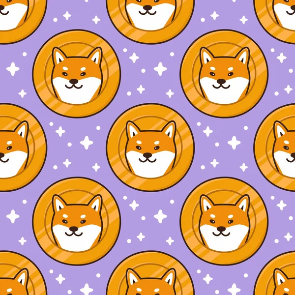 Colorful Seamless Pattern Cute Shiba Inu Dog Head Coin Dogecoin — Stock Vector