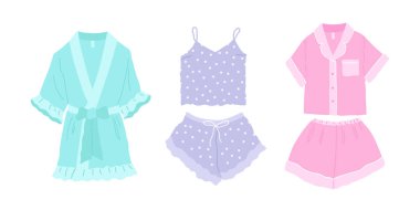 Modayı takip eden ev kıyafetleri. Oldukça rahat pijamalar, gecelikler ve şortlar, ipek bornoz. Beyaz arkaplanda izole edilmiş vektör düz illüstrasyon.