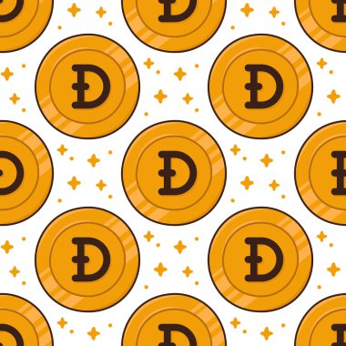 Altın sikke Dogecoin (DOGE) ve yıldızlarla renksiz desenli. Dogecoin kripto para birimi simgesi. Dijital para birimi. Vektör arkaplanı.