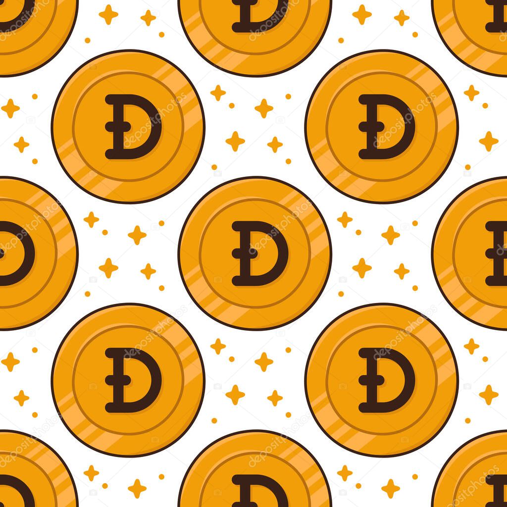 Colorful seamless pattern with golden coin Dogecoin (DOGE) and stars. Dogecoin cryptocurrency icon. Digital currency. Vector background.