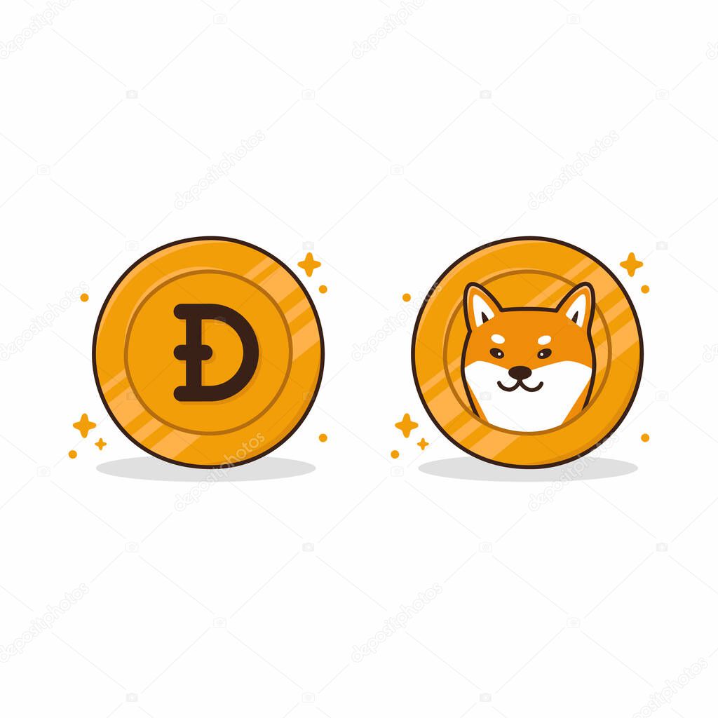 Dogecoin cryptocurrency icon. Set of head and tail coin. Digital currency. Character Shiba inu dog on a coin. Vector image isolated on white background.