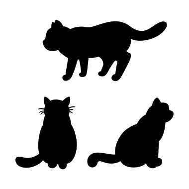 Üç siluet ya da şekilli siyah kedi, farklı pozlarda. Vektör illüstrasyonu beyaz arkaplanda izole edildi.