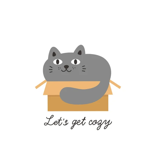 Šedá Legrační Kočka Lepenkové Krabici Rukopis Uděláme Pohodlí Cartoon Ploché — Stockový vektor