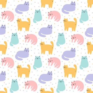 Farklı pozlarda ve konfetilerde el çizimleri olan renksiz desenler. Komik hayvanlı hayvanlar vektör çizimi. Giysi, kumaş, tekstil, ambalaj, ambalaj kağıdı için sürülebilir baskı.