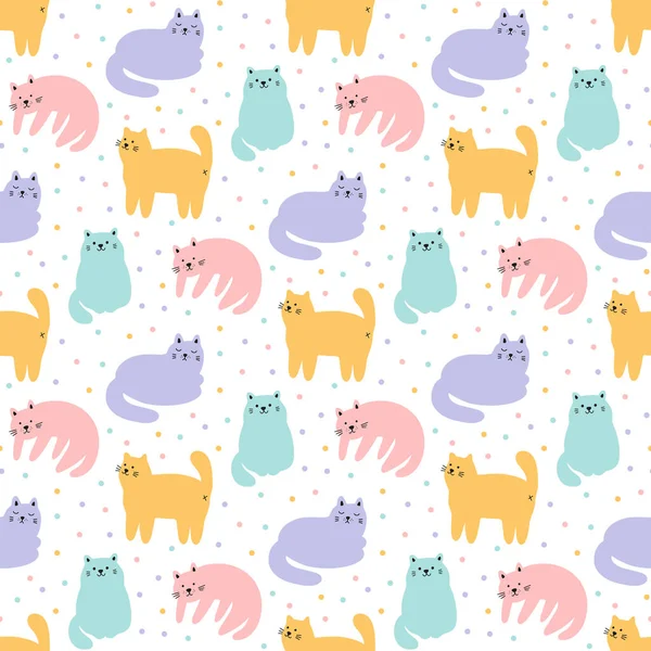 Patrón Inconsútil Colorido Con Gatos Dibujados Mano Diferentes Poses Confeti — Archivo Imágenes Vectoriales