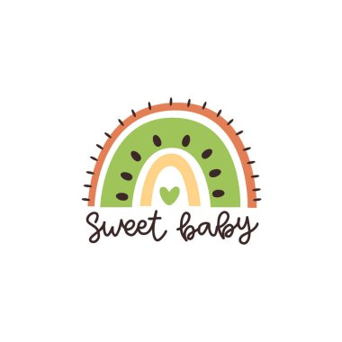 Meyve kivisi gibi soyut gökkuşağı ve yazıtlar: İskandinav tarzında vektör illüstrasyonu. Kartlar için güzel tasarım, çocuklar için baskı, poster, çocuk odası dekorasyonu, logo. 