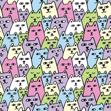 Komik kedilerde kusursuz desen. Ev dekorasyonu, tekstil, ambalaj, ambalaj kağıdı vs. için güzel baskı tasarımı. Çok renkli illüstrasyon.