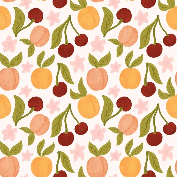 Padrão Sem Costura Com Pêssegos Frutas Damasco Berry Cereja Flores — Fotografia de Stock